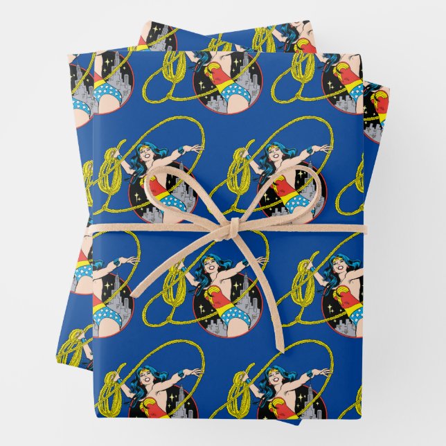 Wonder Woman with City Background Wrapping Paper Sheet (In situ)