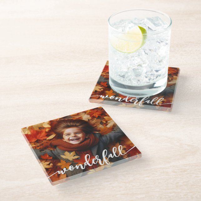 Wonderfall Autumn Fall Leaves Custom Photo Glass Coaster (Angled)