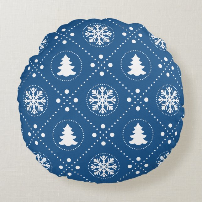 Wonderful Blue White Christmas Pattern Round Cushion (Front)