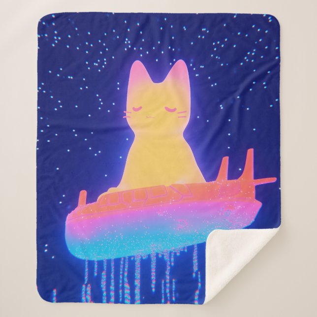 Wonderful Cat in the Rainbow Spaceship Sherpa Blanket (Front)