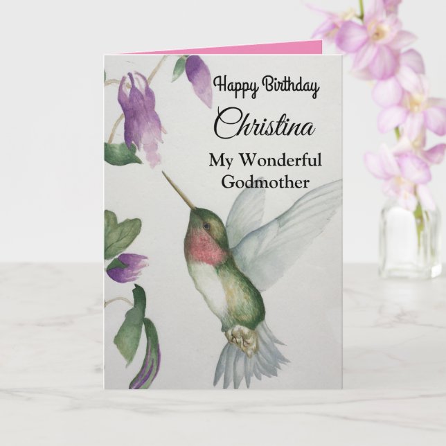 Wonderful Godmother Happy Birthday Hummingbird Card (Orchid)