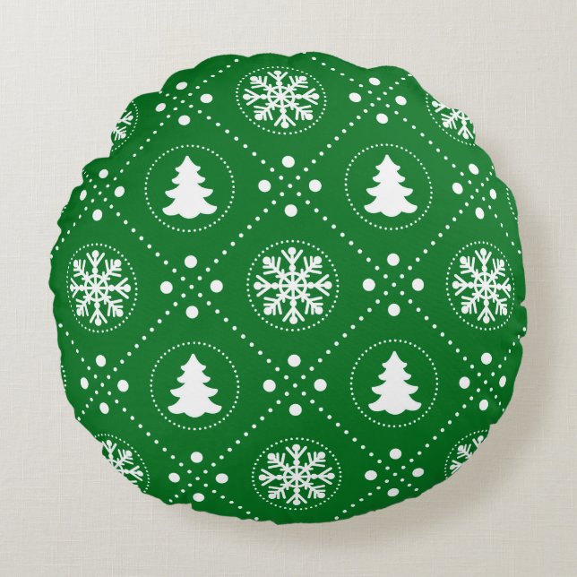 Wonderful Green White Christmas Pattern Round Cushion (Front)