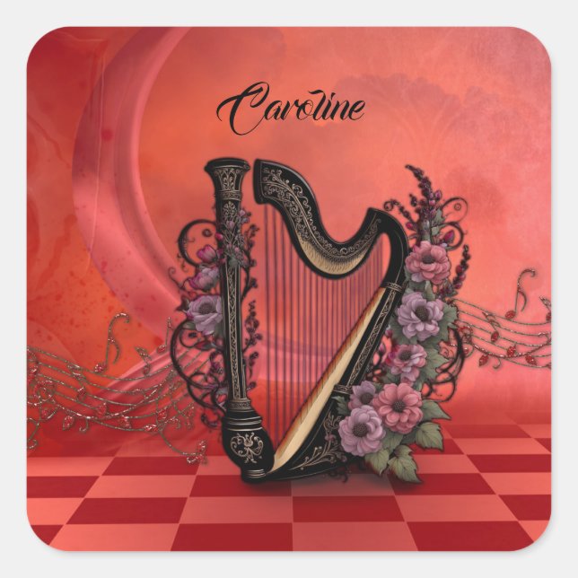 Wonderful harp with colourful flowers. square sticker (Front)