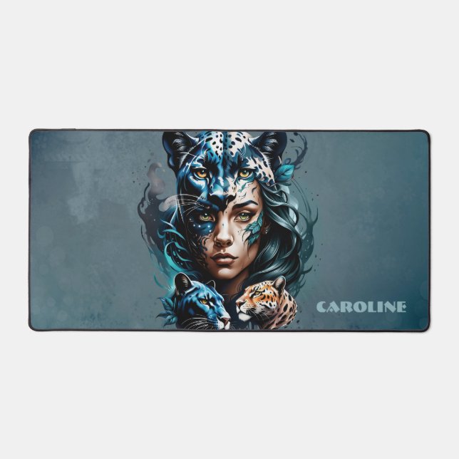 Wonderful hybrid of a woman and a panther desk mat (Front)