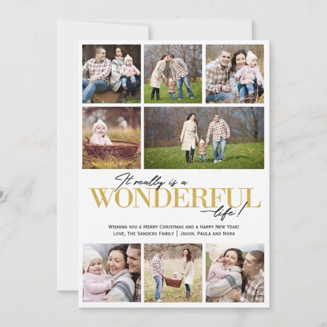 Wonderful Life 8 Photo Gold Letter Option | Holiday Card (Front)