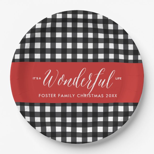 Wonderful Life Buffalo Plaid Christmas Party Paper Plate (Front)