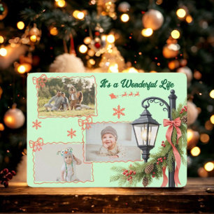 Wonderful Life Three Photo Green Christmas  Holiday Card