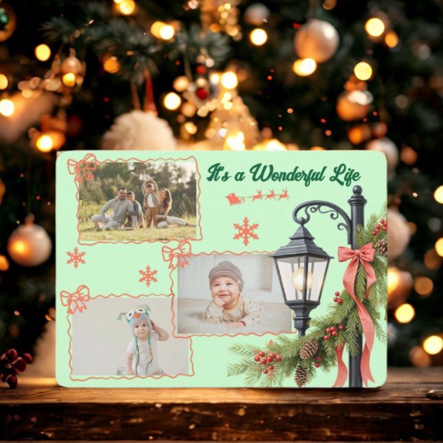 Wonderful Life Three Photo Green Christmas  Holiday Card (Creator Uploaded)