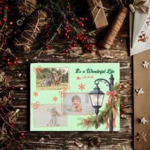 Wonderful life three photo green Christmas  Holiday Postcard