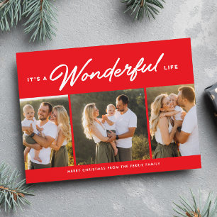 Wonderful life three photo red Christmas Holiday Card