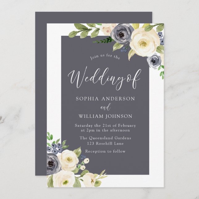 Wonderful Navy Blue Cream Beige Flowers Wedding Invitation (Front/Back)