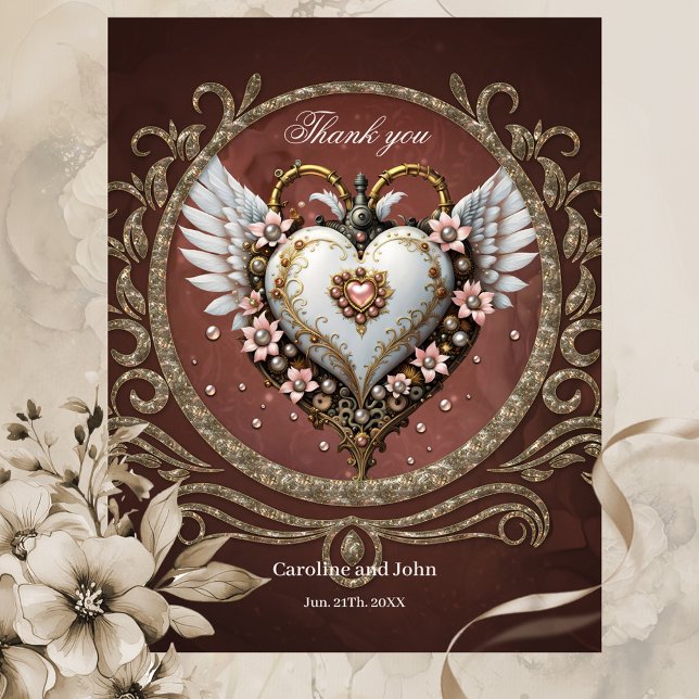 Wonderful noble  steampunk heart with wings. thank you card (Heart)