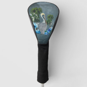 Wonderful pelican with wave and palm trees golf head cover