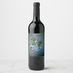 Wonderful pelican with wave and palm trees wine label