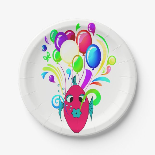 WONDERFUL PINK FISH WITH BALLOONS PAPER PLATE (Front)
