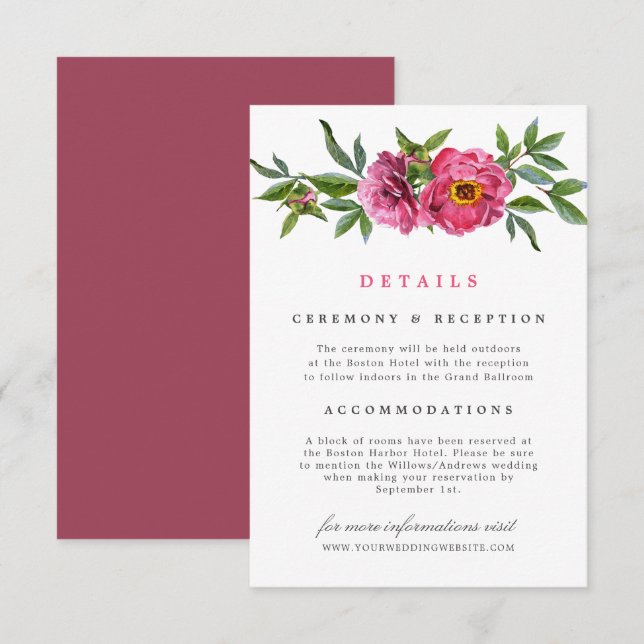 Wonderful Pink Peonies Floral Wedding Details Invitation (Front/Back)