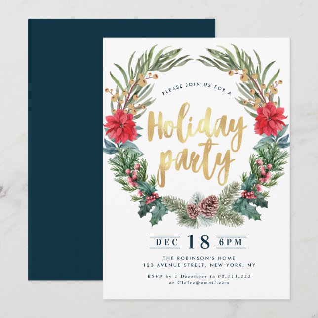 Wonderful poinsettia floral holiday party invitation (Front/Back)