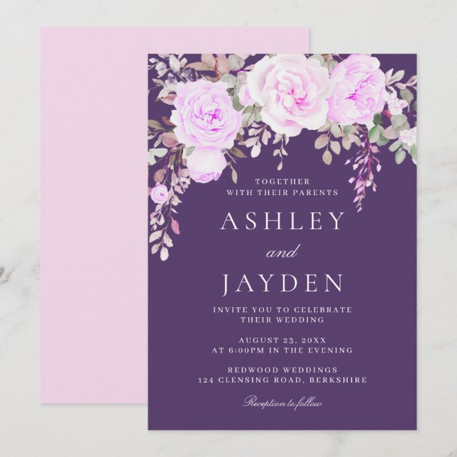 Wonderful Purple & Violet Floral Wedding Invitation (Front/Back)