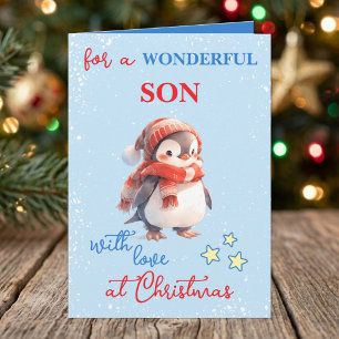 Wonderful son penguin blue christmas holiday card
