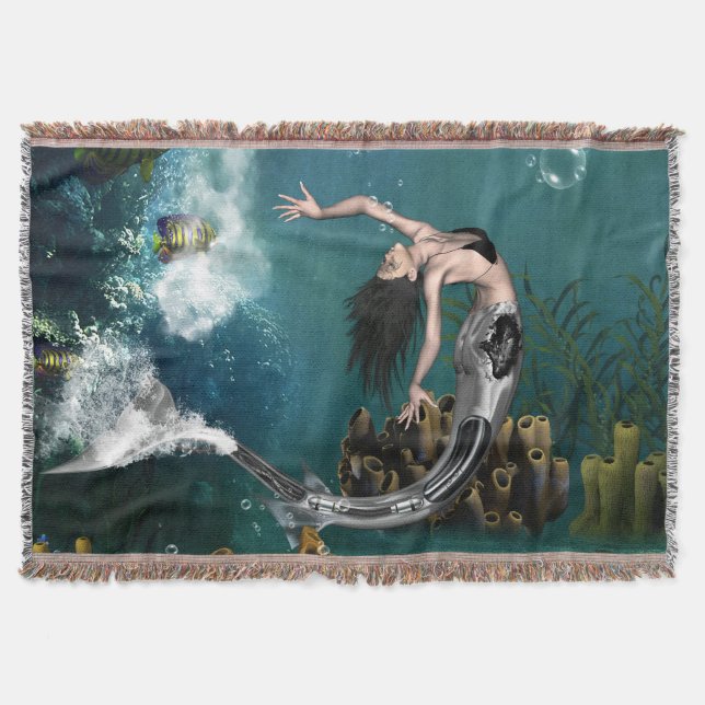 Wonderful steampunk mermaid throw blanket (Front)
