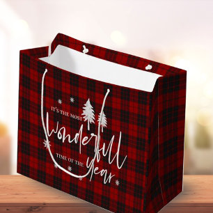 Wonderful Time of The Year Red Plaid Christmas Large Gift Bag