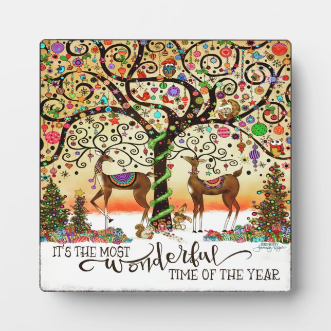Wonderful Time of the Year Whimsical Reindeer Plaque (Front)