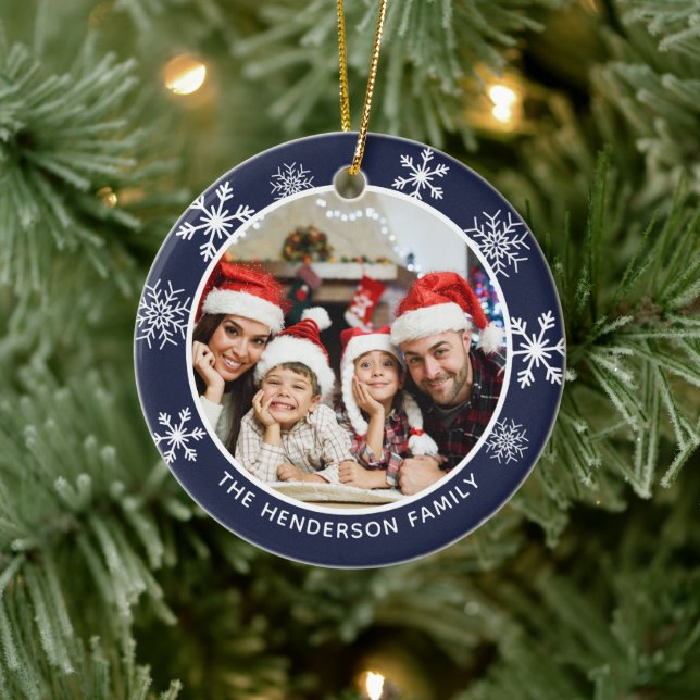 Wonderful Time Of Year Custom Photo Navy Snowflake Ceramic Tree Decoration (Tree)