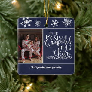 Wonderful Time Of Year Photo Navy Snowflake Ceramic Ornament