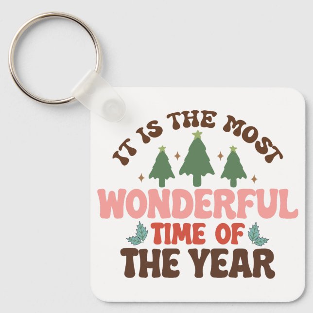 Wonderful Time Retro Groovy Christmas Holidays Key Ring (Front)