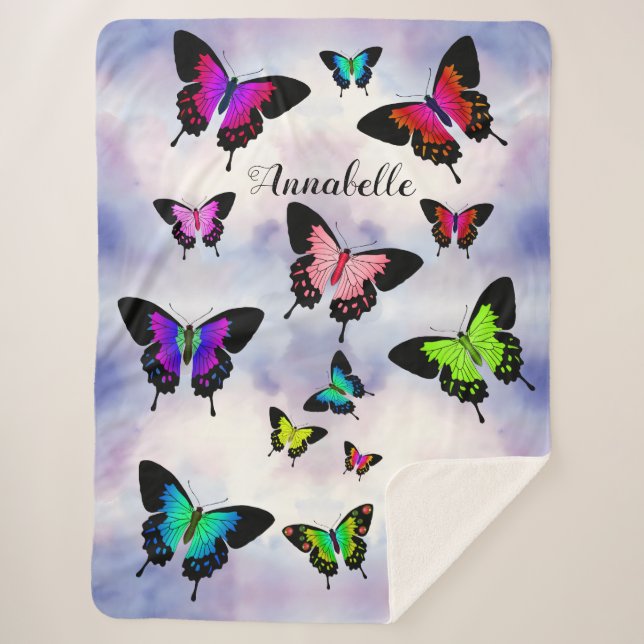 Wonderful Vivid Butterflies with Name Personalise Sherpa Blanket (Front)