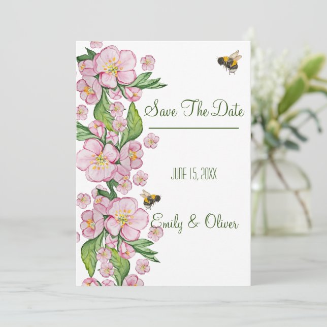 Wonderful watercolor apple tree flowers and bее invitation (Standing Front)
