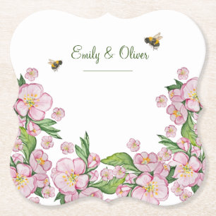 Wonderful watercolor apple tree flowers and bее paper coaster