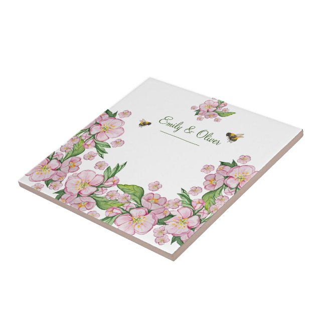 Wonderful watercolor apple tree flowers and bее tile (Side)