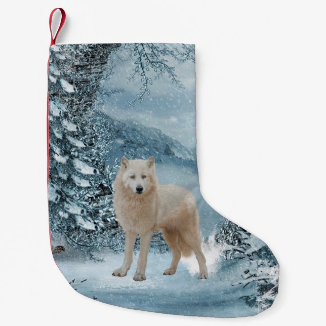 Wonderful white wolf small christmas stocking (Front)