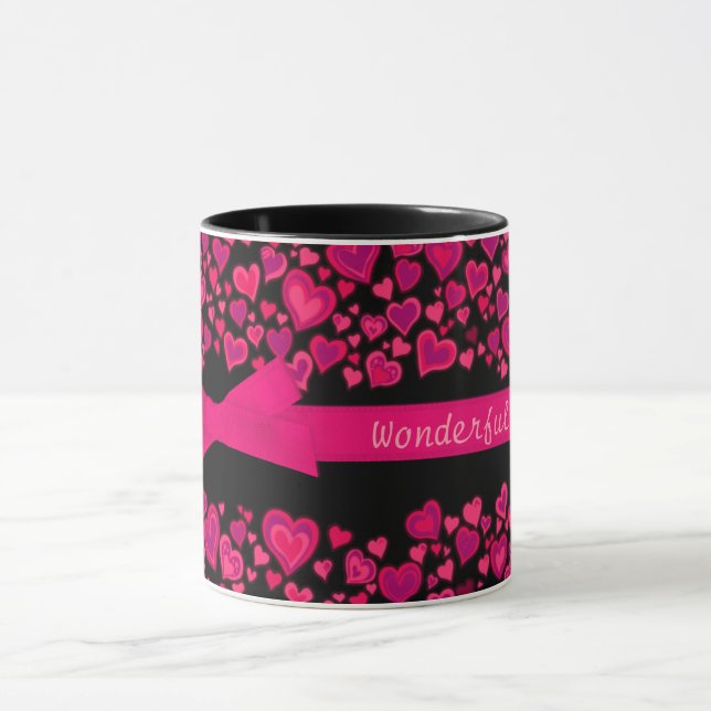 "Wonderful Wife x" hearts red pink black mug (Center)