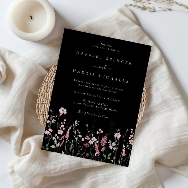Wonderful Wildflowers Elegant Black Wedding Invitation (Creator Uploaded)