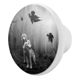 Wonderful Wolves Black and White Leaf Us Alone  Ceramic Knob