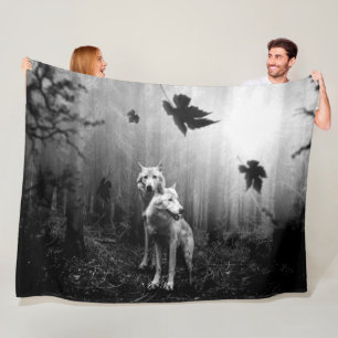 Wonderful Wolves Black and White Leaf Us Alone  Fleece Blanket