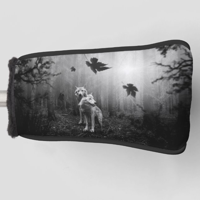 Wonderful Wolves Black and White Leaf Us Alone  Golf Head Cover (Front)
