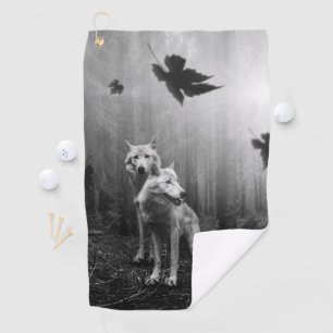Wonderful Wolves Black and White Leaf Us Alone  Golf Towel