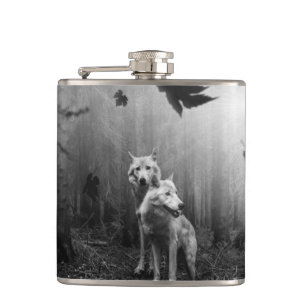 Wonderful Wolves Black and White Leaf Us Alone Hip Flask