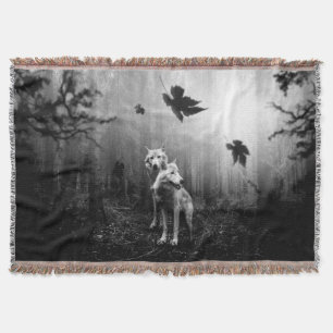 Wonderful Wolves Black and White Leaf Us Alone Throw Blanket