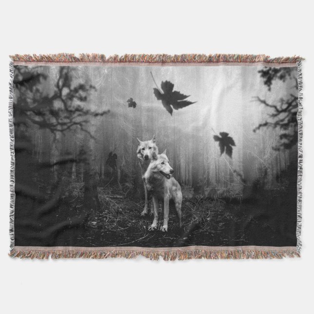 Wonderful Wolves Black and White Leaf Us Alone  Throw Blanket (Front)