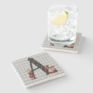 Wonderland Alice & Queen of Hearts Letter A   Stone Coaster