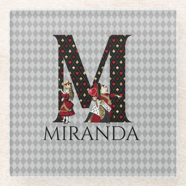 Wonderland Alice & Queen of Hearts Letter M   Glass Coaster (Front)