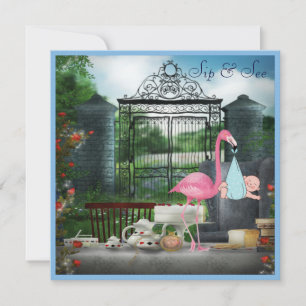Wonderland Flamingo Sip & See Boy Baby Shower Invitation