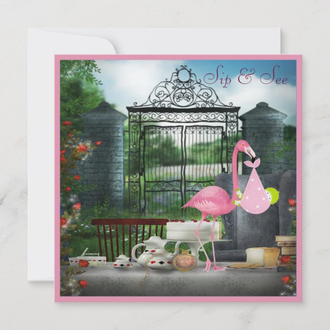 Wonderland Flamingo Sip & See Girl Baby Shower Invitation (Front)