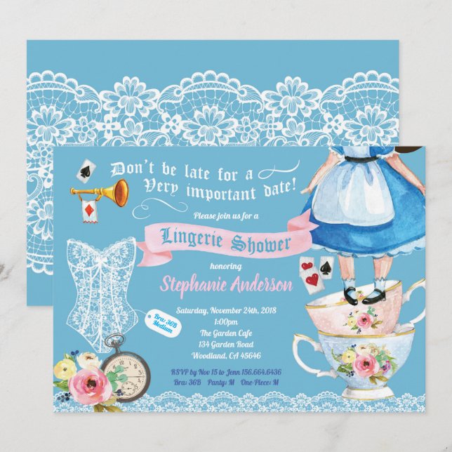 Wonderland lingerie shower bridal shower blue pink invitation (Front/Back)
