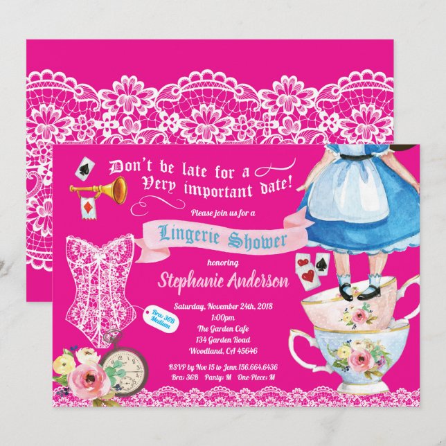 Wonderland lingerie shower bridal shower hot pink invitation (Front/Back)