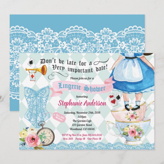 Wonderland lingerie shower bridal shower turquoise invitation (Front/Back)